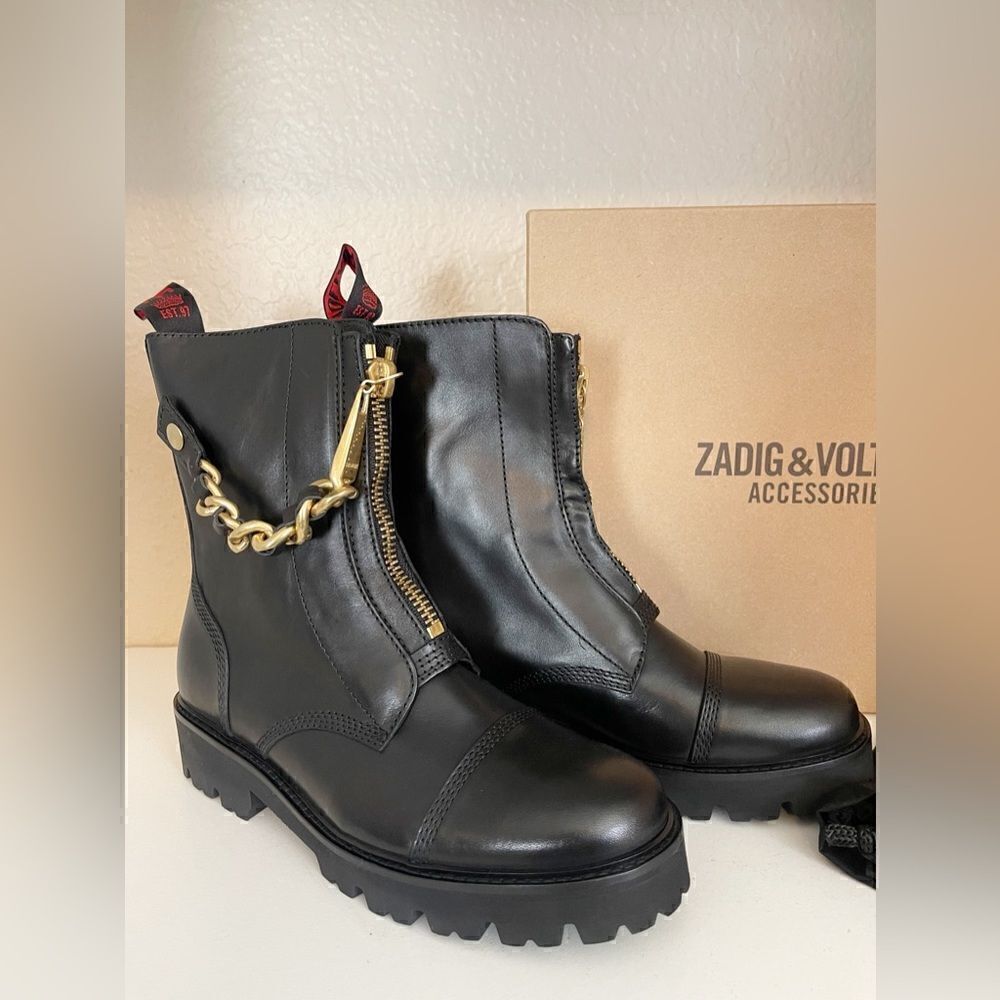 Zadig & Voltaire Joe Cecilia leather combat moto boots with gold chain New - Picture 8 of 16